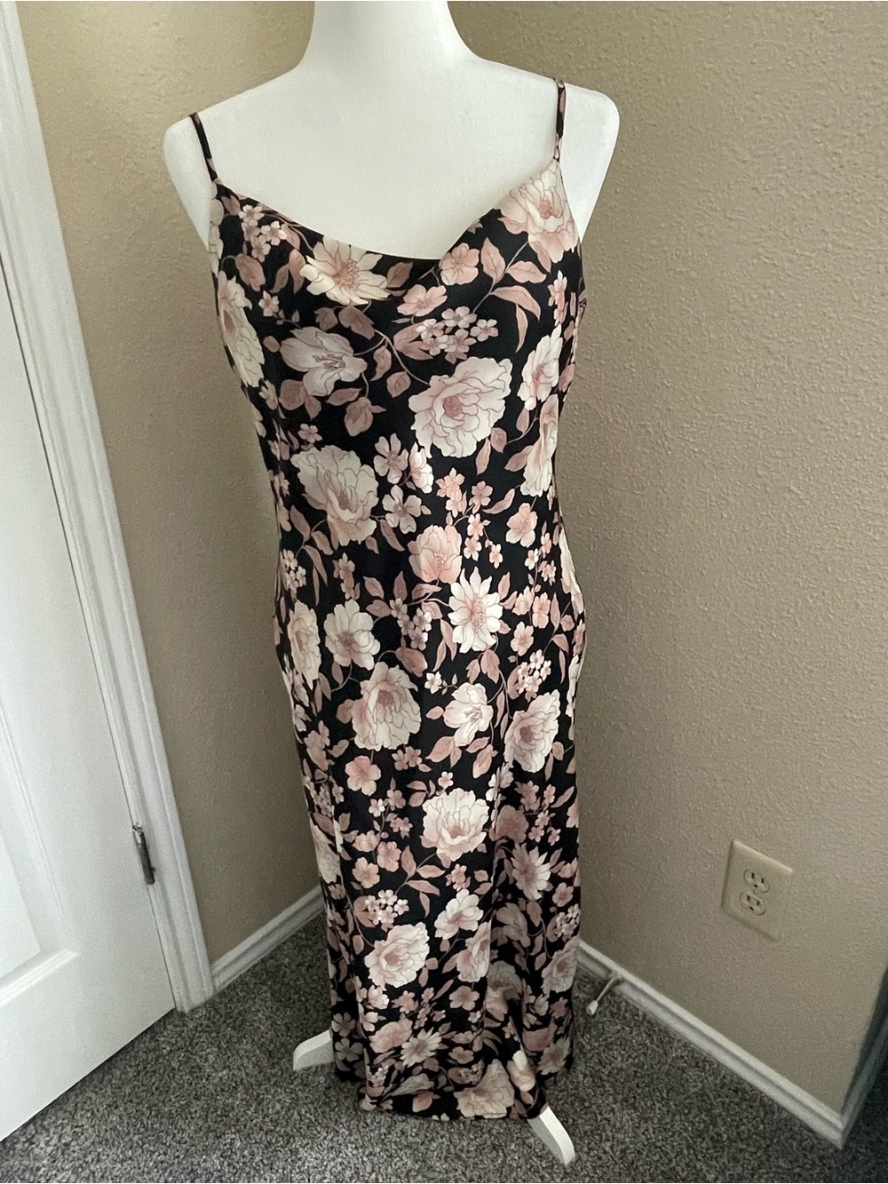 Altar'd State Black & Gold Floral Satin Cowl Neck Dress Wedding Guest